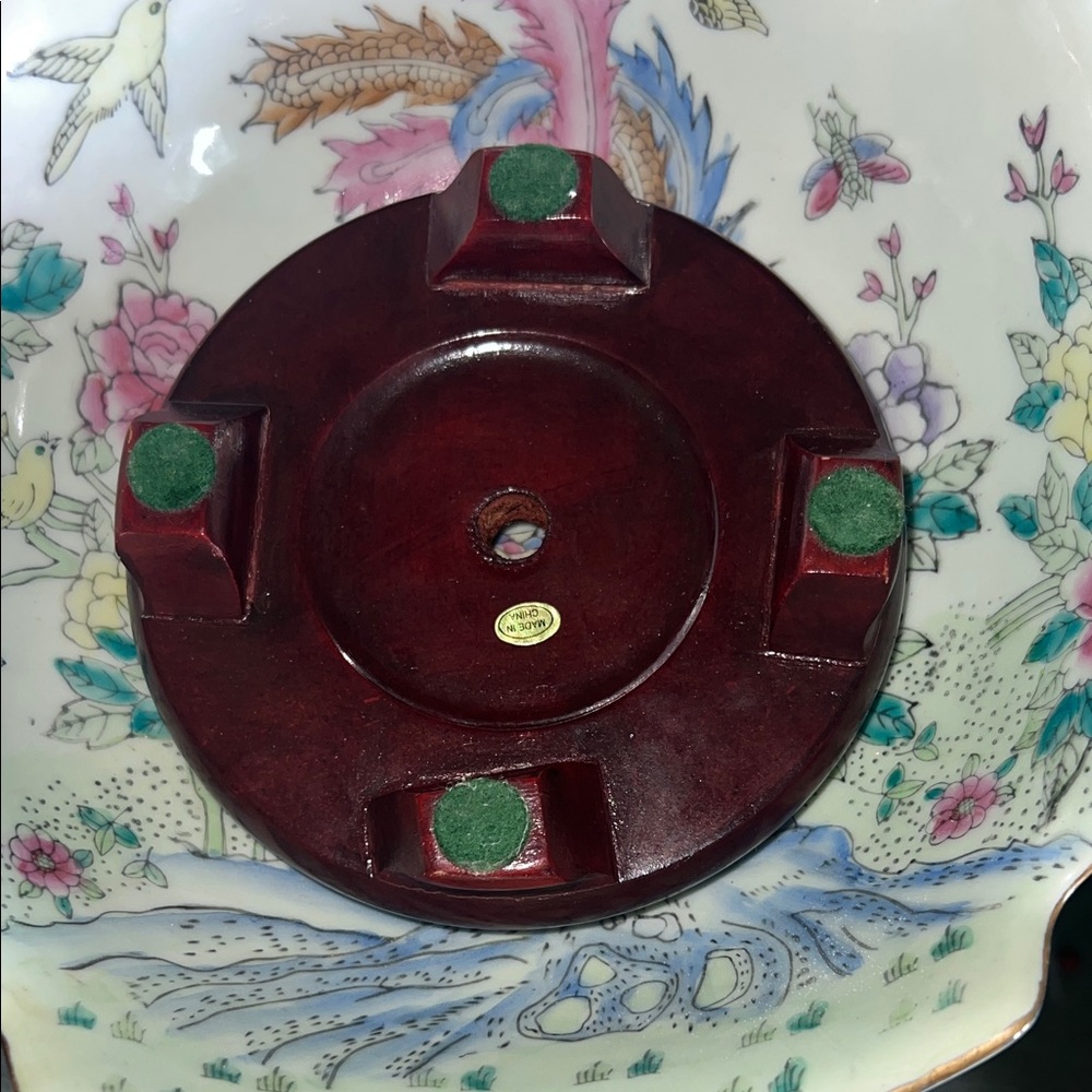 Vintage Chinese Satsuma Bowl Birds Of Paradise with Wood Stand - Picture 12 of 14